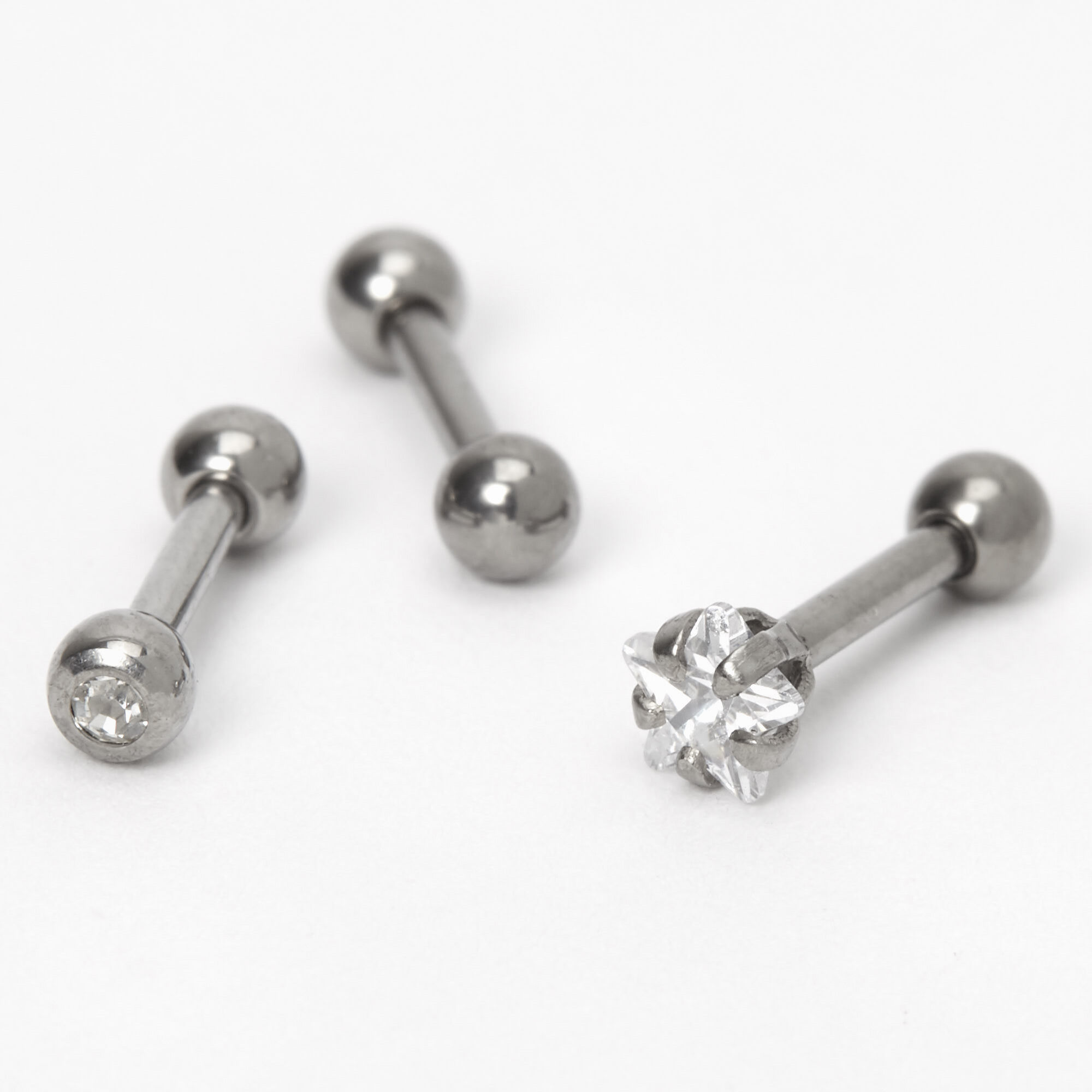 View Claires Tone Titanium 16G Crystal Star Cartilage Stud Earrings 3 Pack Silver information