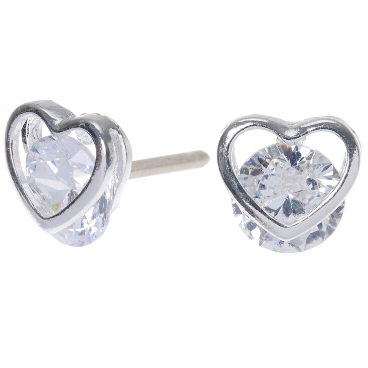 Silver Cubic Zirconia 8MM Round Heart Stud Earrings,
