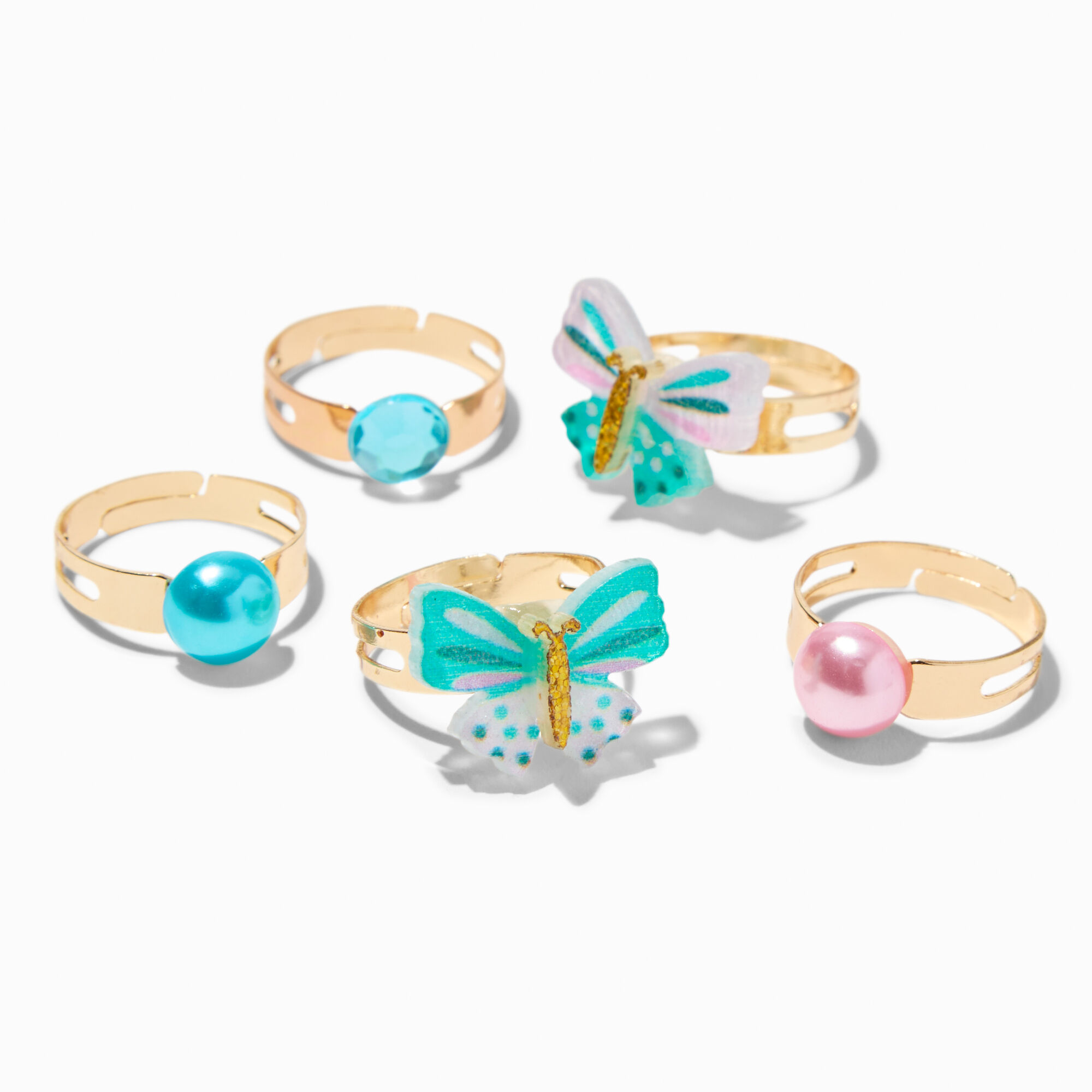 View Claires Club Butterfly Flower Box Rings 5 Pack Gold information