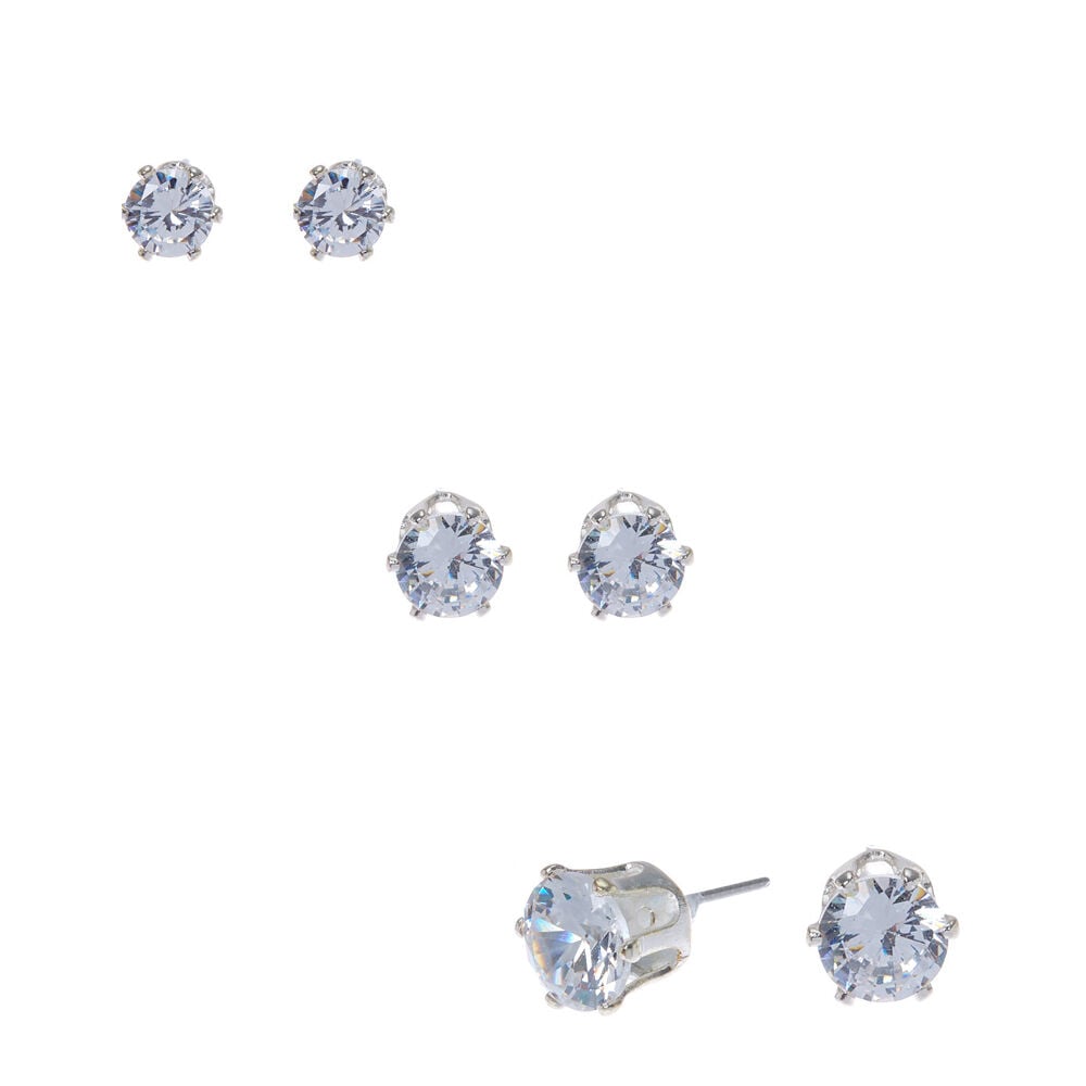 Silver-tone Cubic Zirconia 5mm, 6mm, & 7mm Round Stud Earrings - 3 Pack ,