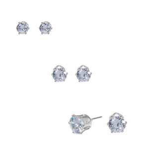 Silver-tone Cubic Zirconia 5mm, 6mm, &amp; 7mm Round Stud Earrings - 3 Pack ,