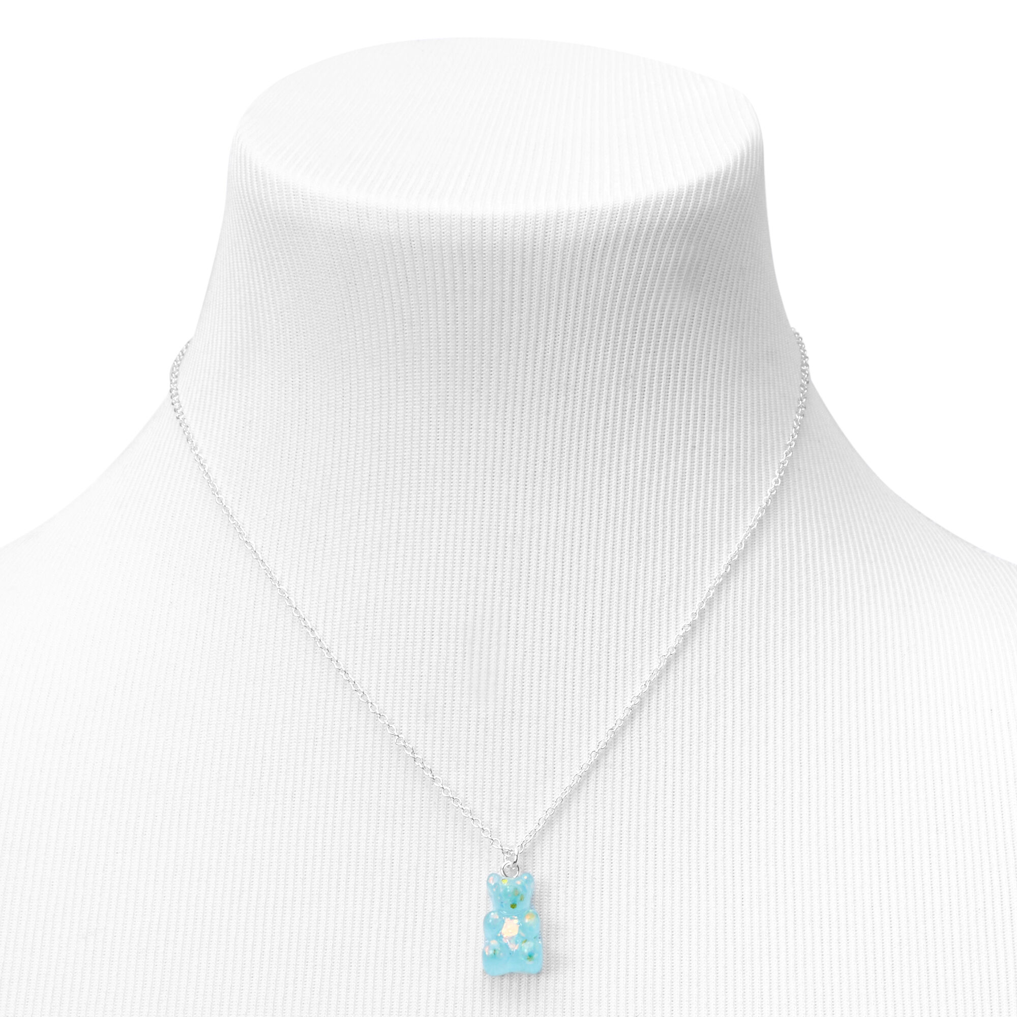 Blue Glitter Glow In The Dark Gummy Bear Pendant Necklace
