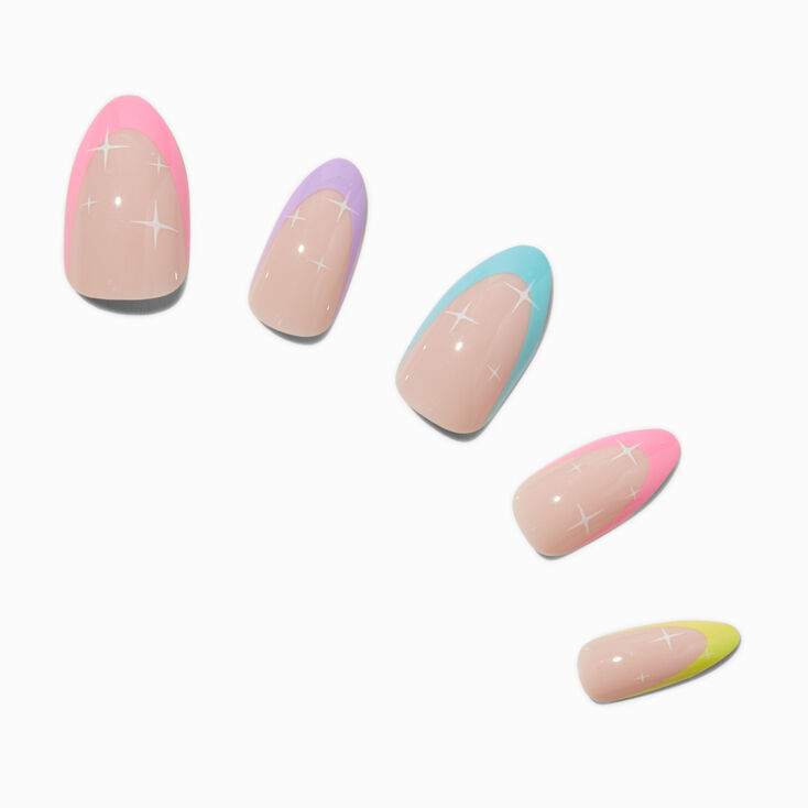 Rainbow French Tip Stars Stiletto Vegan Faux Nail Set - 24 Pack,