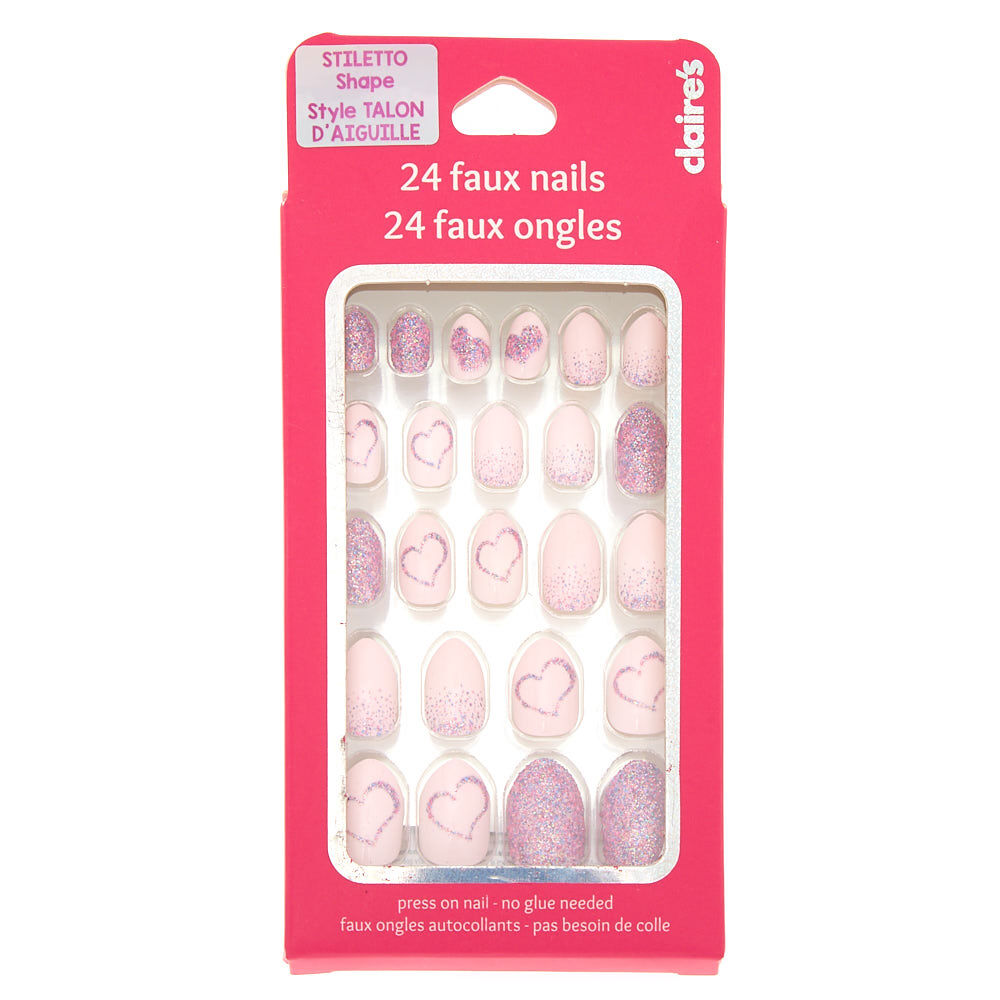 Glitter Heart Stiletto Press On Faux Nail Set - Pink, 24 Pack,