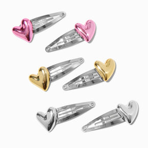 Barrettes clic clac c&oelig;ur bomb&eacute; m&eacute;talliques - Lot de 6,