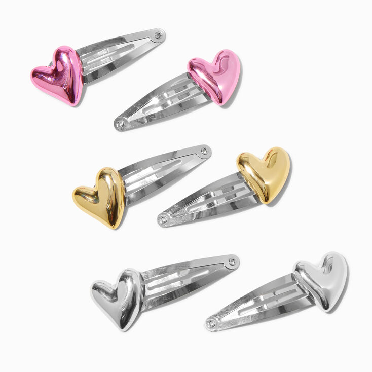 Metallic Puffy Heart Snap Hair Clips - 6 Pack,