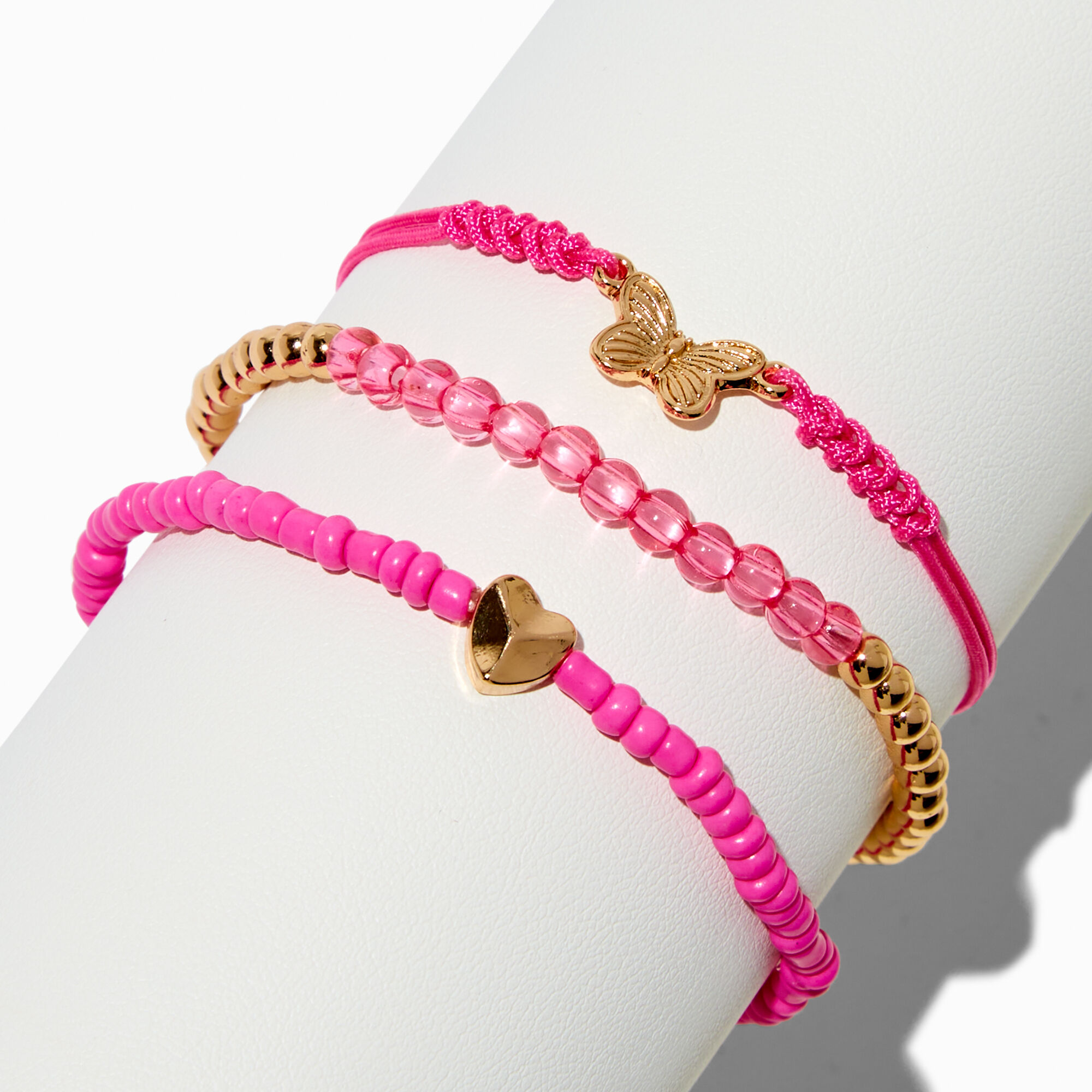 Bracelets en perles de rocaille fuchsia motifs papillons et cœurs - Lot de 3,