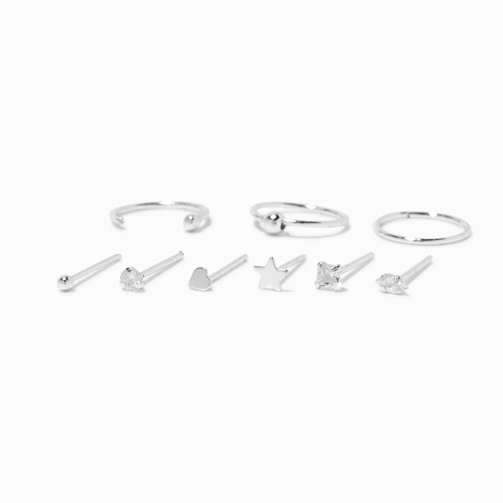 22G Sterling Silver Dainty Crystal Nose Studs &amp; Hoop - 9 Pack,