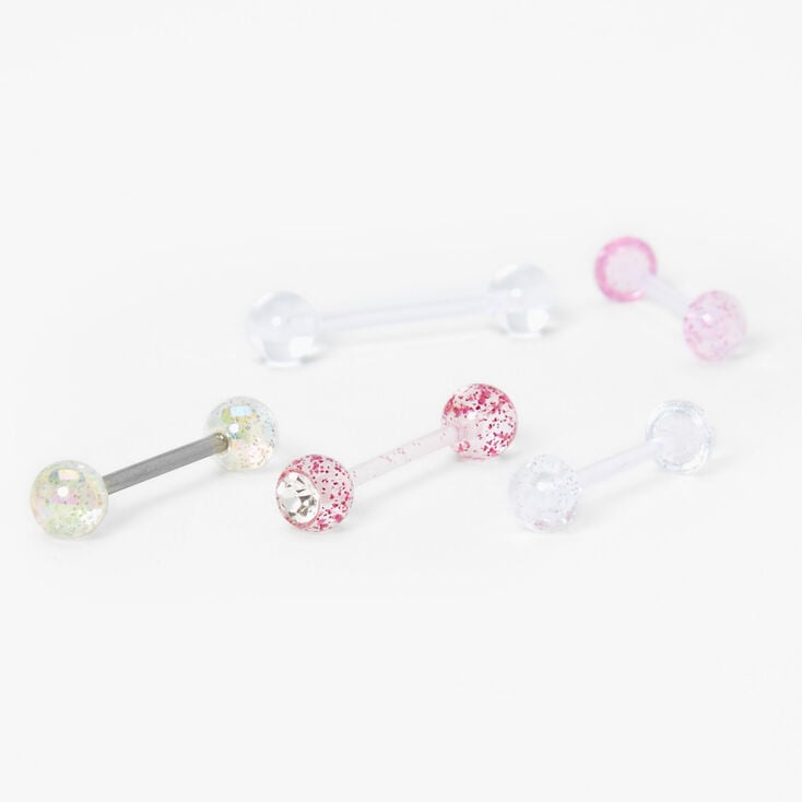 Glittery Clear 14G Barbell Tongue Rings - 5 Pack,