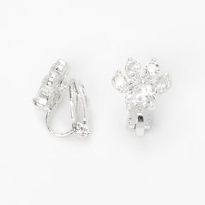 Silver-tone Cubic Zirconia 10mm Paw Print Clip-On Earrings,