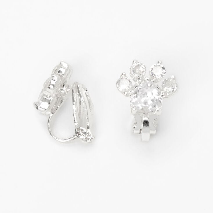 Silver 10MM Cubic Zirconia Paw Print Clip-On Earrings,
