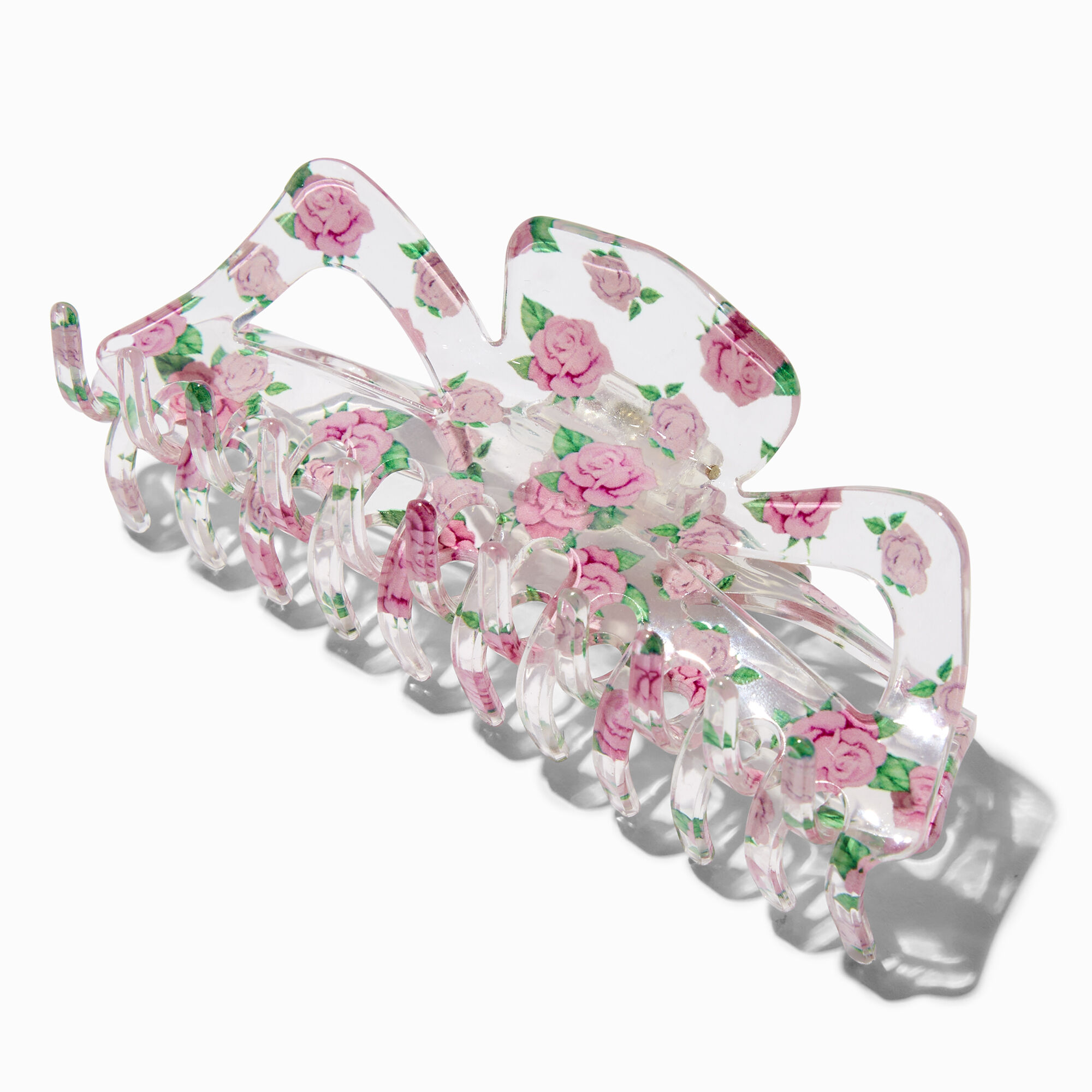 View Claires Large Clear Rose Print Hair Claw Pink information