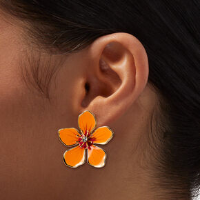Clous d&rsquo;oreilles fleur &eacute;maill&eacute;e orange,
