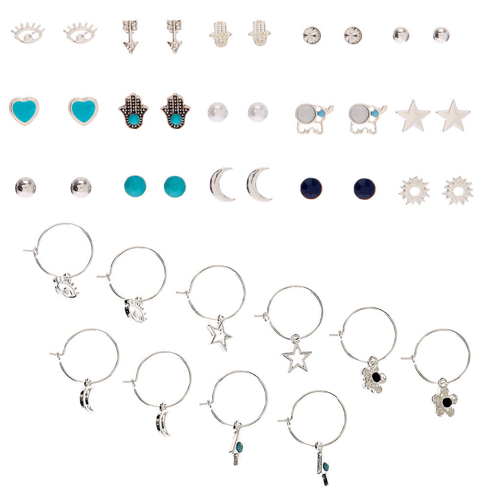 Silver Celestial Hamsa Mixed Earring Set - Turquoise, 20 Pack