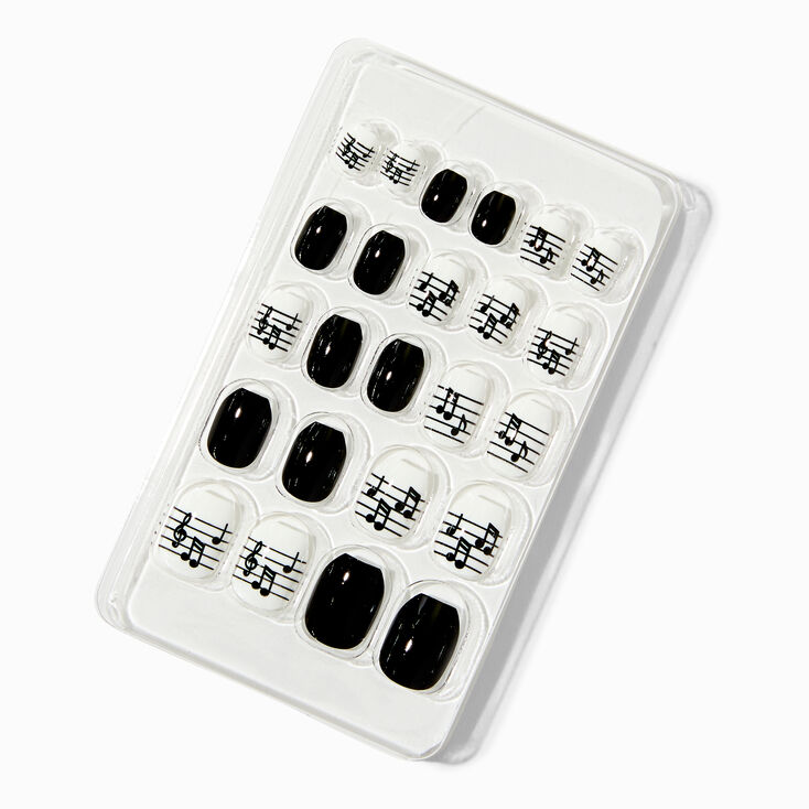 Black &amp; White Music Notes Coffin Press On Vegan Faux Nail Set - 24 Pack,