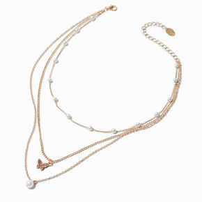 Pink Butterfly Gold-tone Pearl Multi-Strand Necklace,