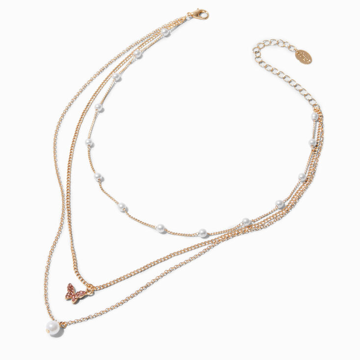 Pink Butterfly Gold-tone Pearl Multi-Strand Necklace | Claire's US