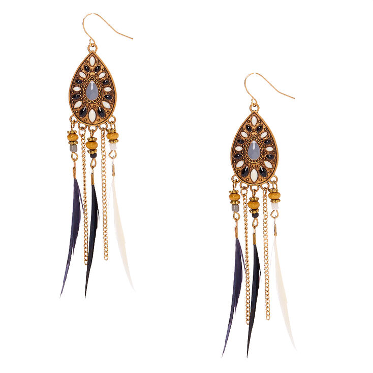 Gold 4&quot; Feather Drop Earrings,