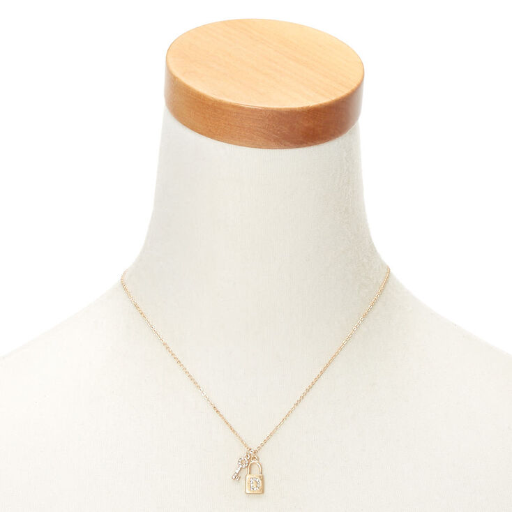 Gold Lock &amp; Key Initial Pendant Necklace - D,