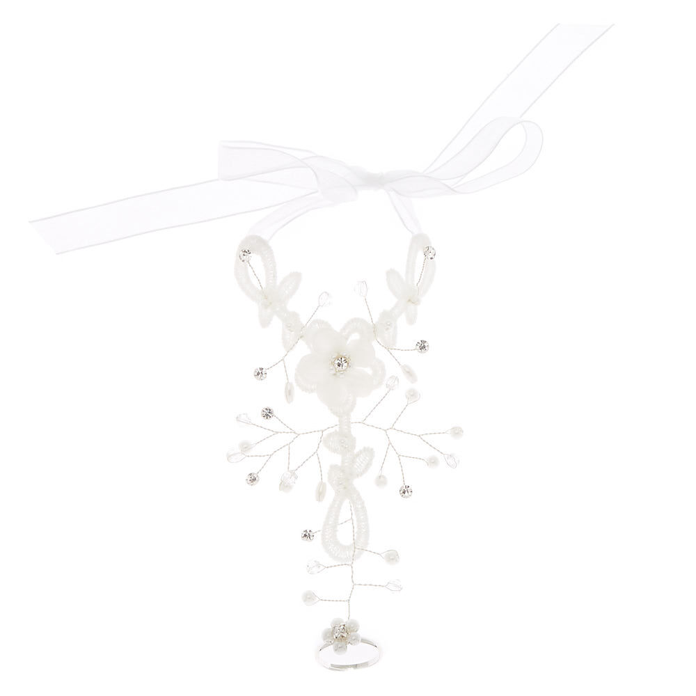 Silver Crochet Flower Hand Chain - White,