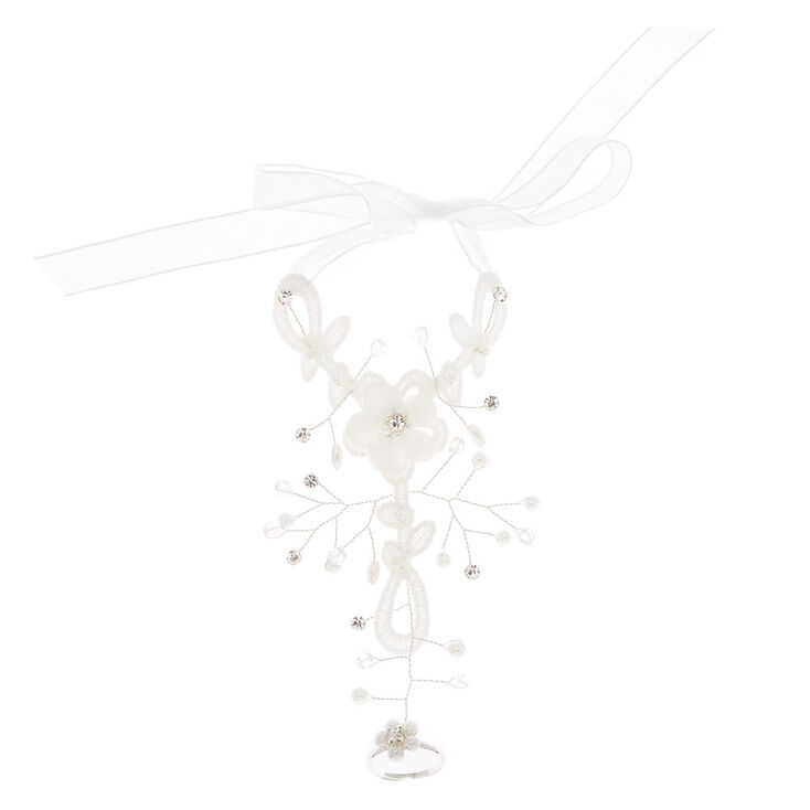 Silver Crochet Flower Hand Chain - White,
