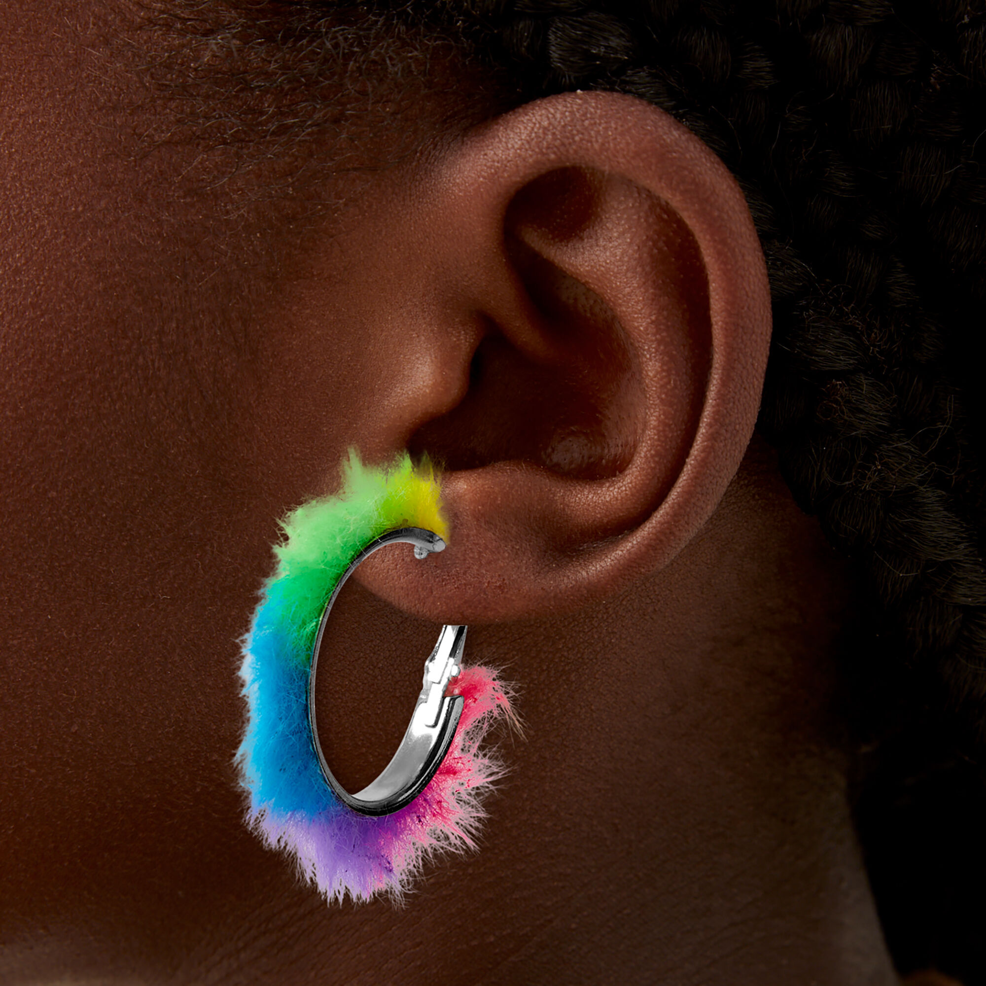 Rainbow Fuzz Hoop Earrings ,