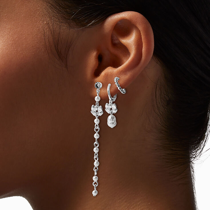 Silver-tone Bow Pearl Earring Stackables Set - 3 Pack,