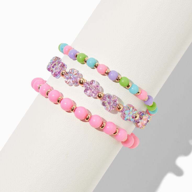 Pink Bead &amp; Flower Stretch Bracelets - 3 Pack,