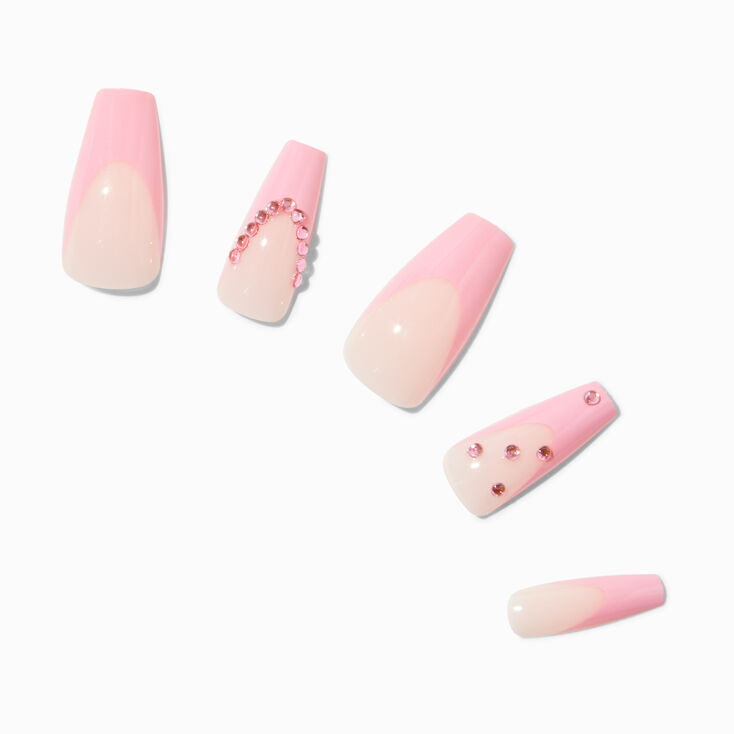 Pink French Tip Bling Squareletto Vegan Faux Nail Set - 24 Pack,