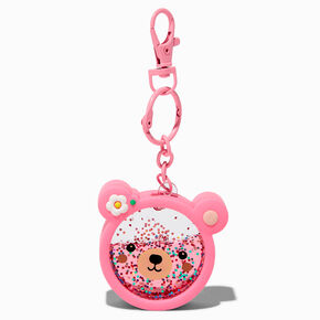 Pink Bear Face Water-Filled Glitter Keychain,