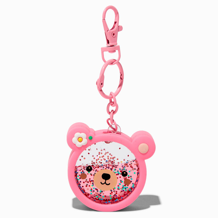 Porte-cl&eacute;s &agrave; paillettes rempli d&rsquo;eau ours visage d&#39;ours rose,