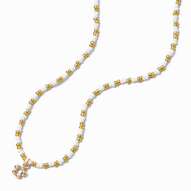 Gold &amp; White Beaded Daisy Pendant Necklace,