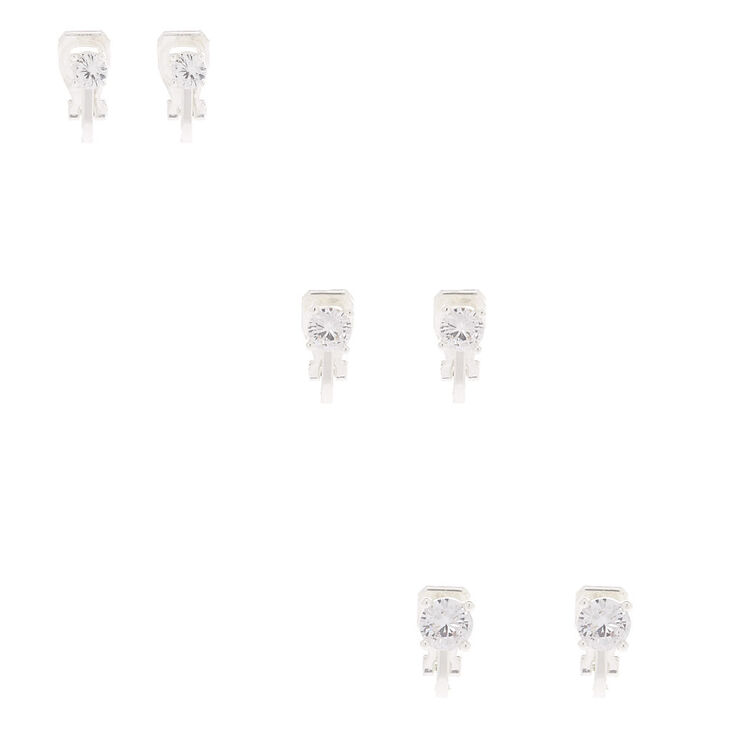 Silver Cubic Zirconia Graduated Clip On Stud Earrings - 3 Pack,