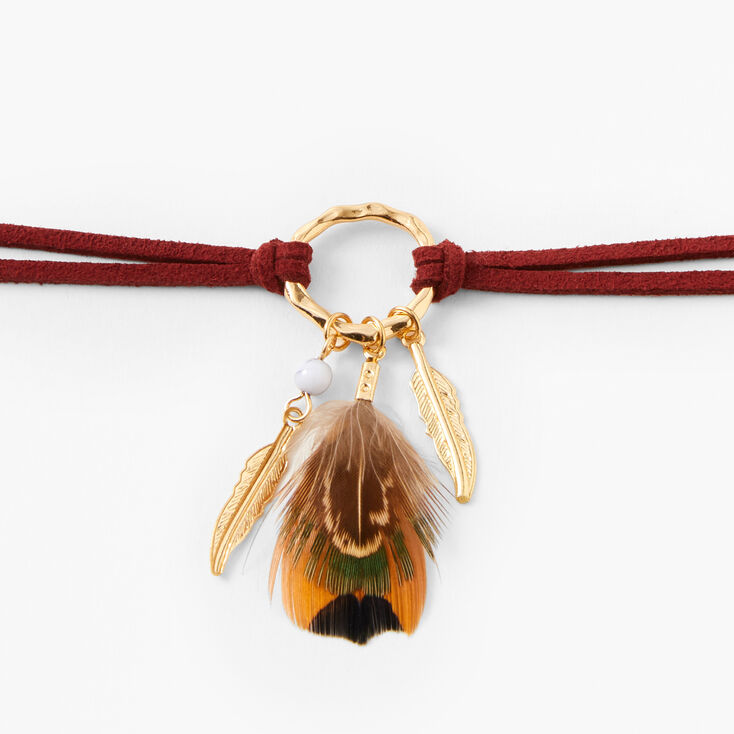 Gold Feather Suede Choker Necklace - Burgundy,