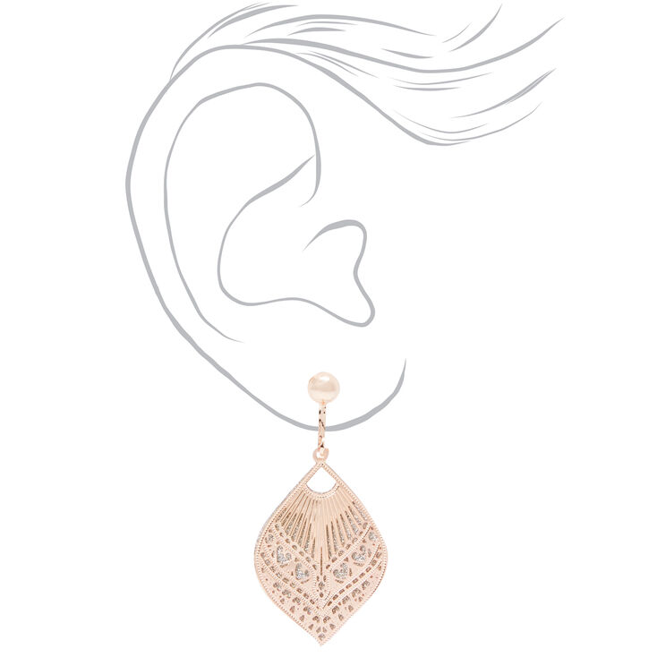 Rose Gold-tone 1&quot; Filigree Teardrop Clip-On Drop Earrings,