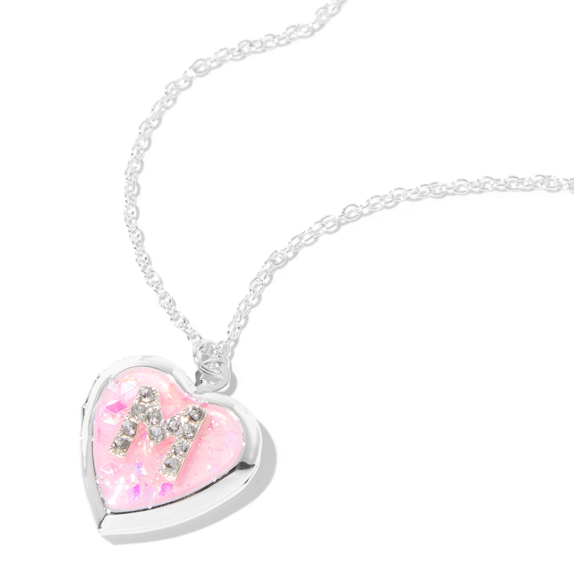 View Claires Embellished Initial Glitter Heart Locket Necklace M Pink information