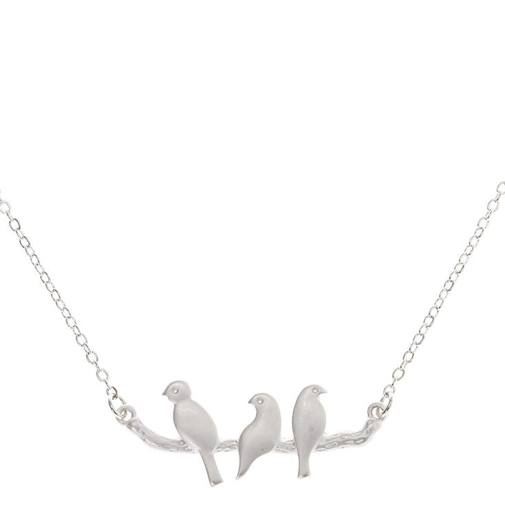 Silver Birds On Tree Branch Pendant Necklace,