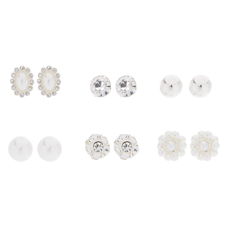 Silver Crystal & Pearl Mixed Stud Earrings - 6 Pack | Claire's