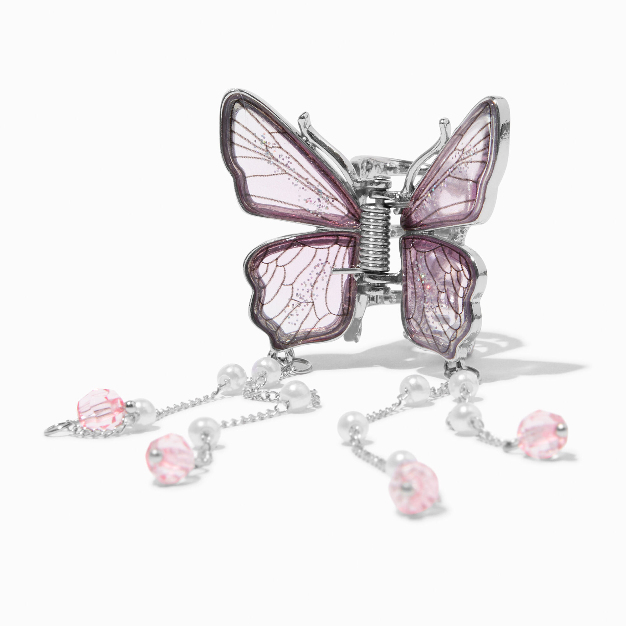 View Claires SilverTone Butterfly Beaded Dangle Hair Claw Pink information