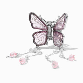 Silver-tone Pink Butterfly Beaded Dangle Hair Claw,
