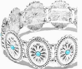 Silver-tone Round Filigree Turquoise Flower Medallion Cowgirl Stretch Bracelet,