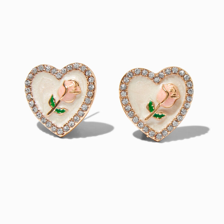 Clous d&#39;oreilles couleur dor&eacute; rose et c&oelig;ur &eacute;maill&eacute;,