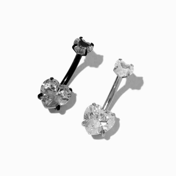 Mixed Metal Stainless Steel Cubic Zirconia Heart 14G Belly Bars - 2 Pack,