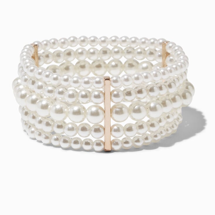 Bracelet &eacute;lastique couleur dor&eacute;e &agrave; cinq rang&eacute;es de perles d&#39;imitation,