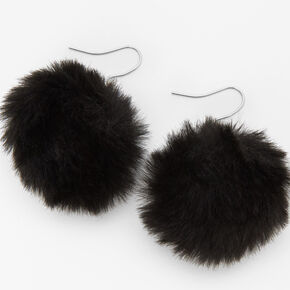 Silver 2&quot; Pom Pom Drop Earrings - Black,