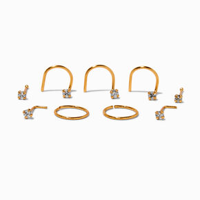 Clous et anneaux pour piercing de nez 0,6&nbsp;mm avec zircon cubique en titane couleur dor&eacute;e - Lot de 9,