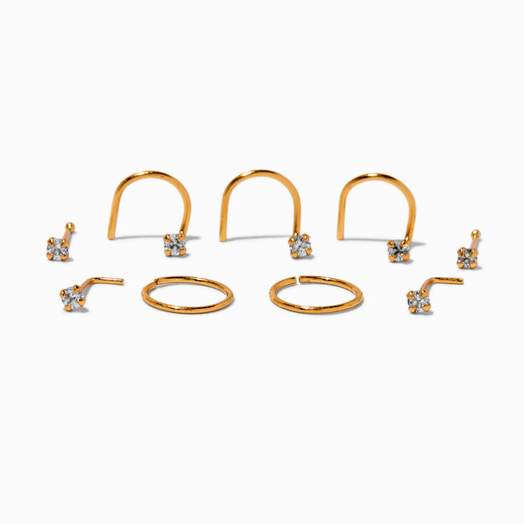 22G Gold-tone Sterling Silver Cubic Zirconia Nose Studs &amp; Rings - 9 Pack,