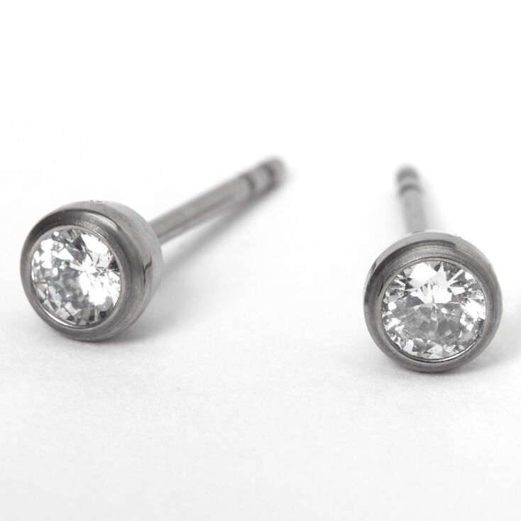 Silver Titanium Cubic Zirconia 3MM Round Stud Earrings,
