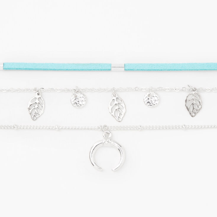 Silver Leaf Horn Choker Necklaces - Turquoise, 3 Pack,