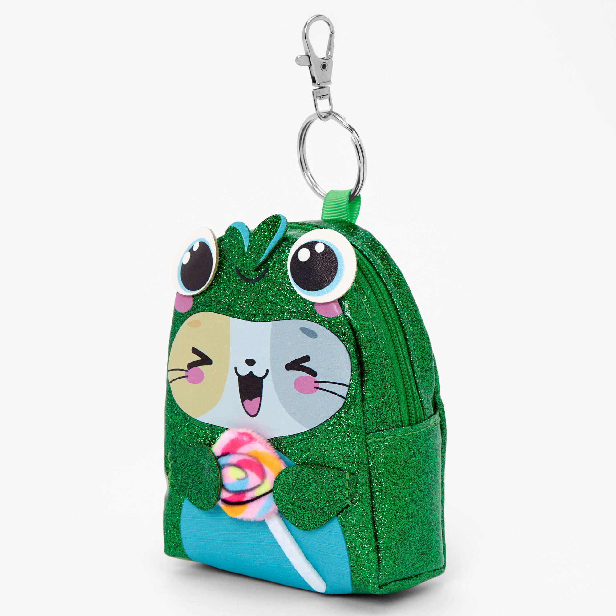 View Claires Glitter Frog Costume Cat Mini Backpack Keychain information